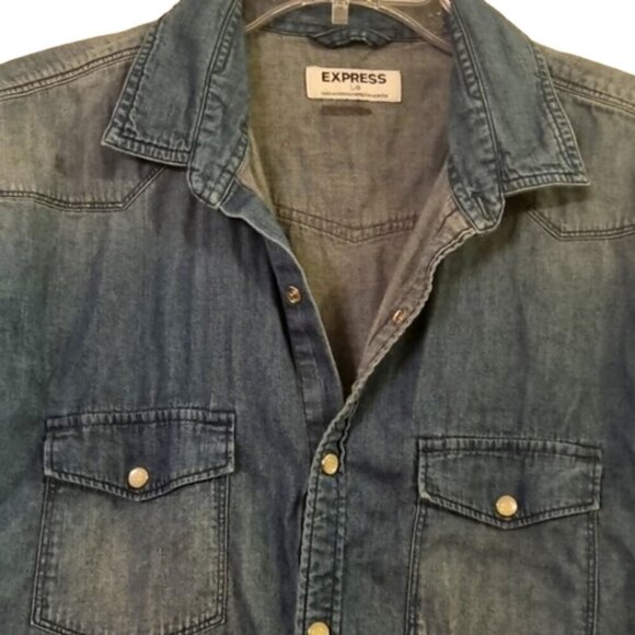 Express Western Denim Womens pearl snap buttons short sleeve shirt Size Large - Picture 5 of 9